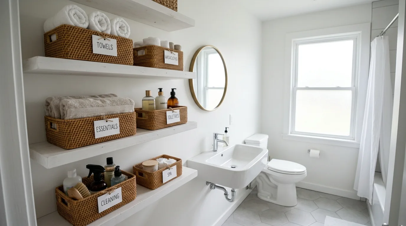 Group skincare and hair tools by use inspiration for an organized bathroom.